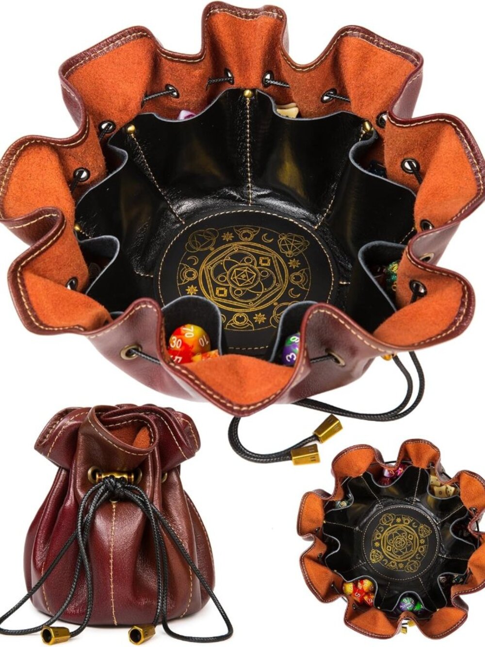 Large Capacity Full-Grain Leather Dice Pouch & Rolling Tray for D&D, RPGs, Magic